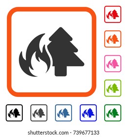 Forest Fire icon. Flat gray iconic symbol inside an orange rounded rectangle. Black, gray, green, blue, red, orange color variants of Forest Fire vector. Designed for web and application UI.