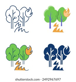 Forest fire icon set in flat and line style. Burning trees, wildfire. Vector illustration.