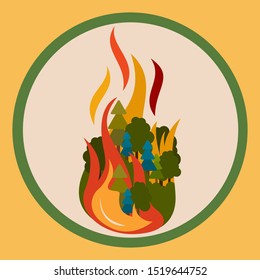 Forest fire icon. Social warning. Planet global firefighting. Save the forest. Wildfires destroy woodland. Fire blaze ravaged landscape. Ecological catastrophe card template in flat style for web 