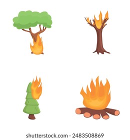 Forest fire icons set cartoon vector. Burning tree and bonfire. Fire, natural disaster