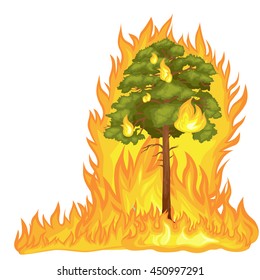 Forest Fire landscape damage, nature ecology disaster, hot burning trees, danger flame with smoke, blaze wood background vector illustration.red and orange