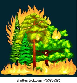 Forest Fire landscape damage, nature ecology disaster, hot burning trees, danger flame with smoke, blaze wood background vector illustration.red and orange