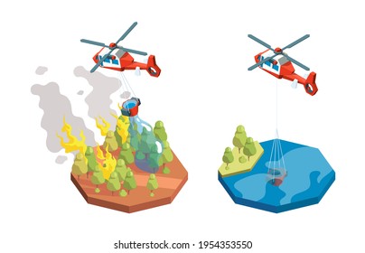 Forest fire. Military helicopter rescue nature disaster secure flame explosion water fire fighting garish vector isometric composition