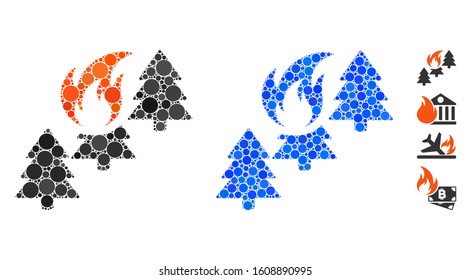 Forest fire mosaic of small circles in different sizes and color tones, based on forest fire icon. Vector small circles are grouped into blue mosaic.