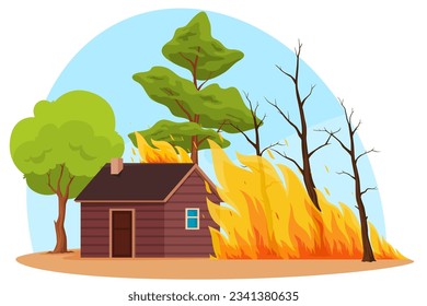 A forest fire near the house. A natural disaster of a destructive large-scale nature. Destruction of human habitation. Vector illustration