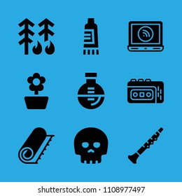 forest fire, oboe, recorder, flower, skull, carpet, cream, flask and laptop vector icon. Simple icons set