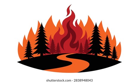 forest fire with orange and red flames burning pine trees and a winding road through the landscape