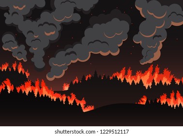 Forest fire panorama of the natural landscape, night silhouette