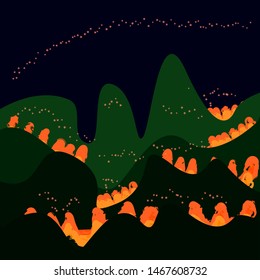 Forest fire panorama of the natural landscape, painted in a flat style. Hills and forests on fire night silhouette. Dangerous forest fires.Vector illustration.