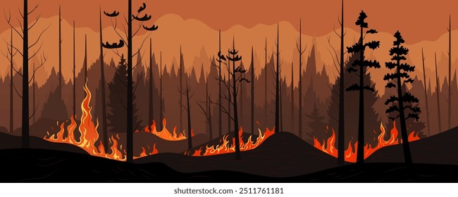 Ilustración vectorial panorámica de incendios forestales. Los árboles en llamas están envueltos en llamas. Árboles quemados. Concepto de protección de la vida silvestre y forestal.