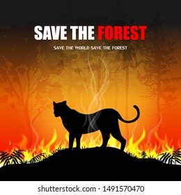 Forest fire problems that affect the environment. Forest fires burning decorated with tiger silhouette. Rainforest. Vector illustration.
