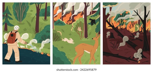 Forest fire scene with scared running animals and burnt trees