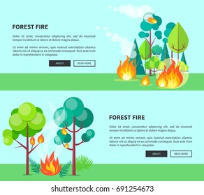 Forest fire set of cartoon posters with inscriptions. Vector illustration of raging wildfire that has engulfed lush trees, bushes and grass