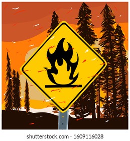 Forest Fire Sign, Disaster Wild Fire Warning - Vector Illustration. Australia Bushfires.