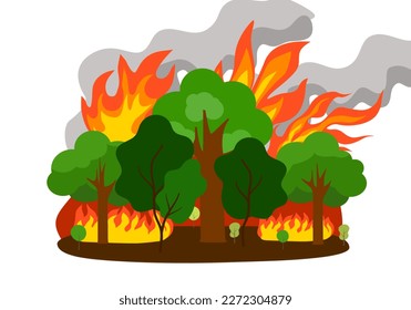 Forest fire with smoke in flat design on white background.