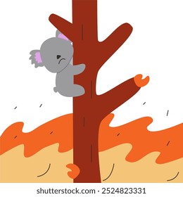 Fogo florestal com fumaça em design plano com fundo branco. Animais selvagens com ilustração de vetor de incêndios florestais