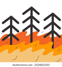 Fogo florestal com fumaça em design plano com fundo branco. Ilustração do vetor de incêndios florestais queimados