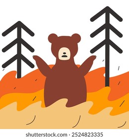 Fogo florestal com fumaça em design plano com fundo branco. Animais selvagens com ilustração de vetor de incêndios florestais