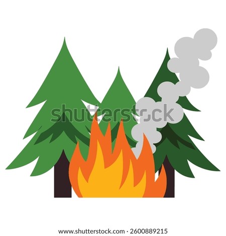Forest fire with smoke in flat design. Illustration on a white background, representing environmental disaster and wildfire themes. Ideal for awareness and educational materials.
