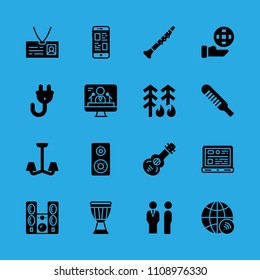 forest fire, speaker, ecology, oboe, television, id card, smartphone, drum and managers vector icon. Simple icons set