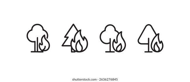 Forest fire symbols: minimalist line icons representing tree blaze risks.