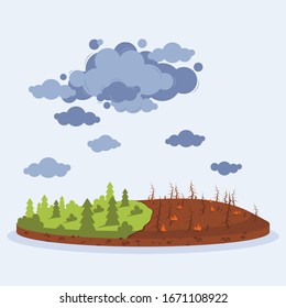 Forest fire. Trees on fire. Natural disasters, cataclysms, global warming, environmental problems. Wildfire. Fiery element.The forest is burning. Vector illustration