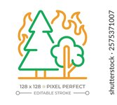 Forest fire two color line icon. Wildfire. Burning trees and flames. Nature disaster. Deforestation. Bicolor outline symbol. Duotone linear pictogram. Isolated illustration. Editable stroke