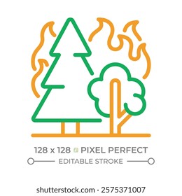 Forest fire two color line icon. Wildfire. Burning trees and flames. Nature disaster. Deforestation. Bicolor outline symbol. Duotone linear pictogram. Isolated illustration. Editable stroke