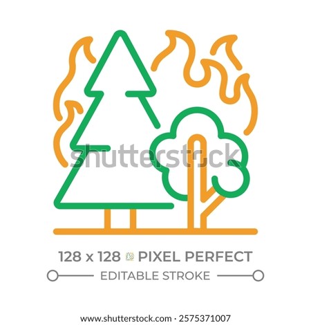 Forest fire two color line icon. Wildfire. Burning trees and flames. Nature disaster. Deforestation. Bicolor outline symbol. Duotone linear pictogram. Isolated illustration. Editable stroke