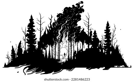 Forest fire vector black line illustration isolated white. Sketch art