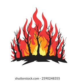 Forest fire vector illustration, burning trees and other plants.