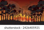 Forest Fire Vector Illustration. Natural disasters destroy trees, wildlife, and habitats. Protecting forest ecosystem.