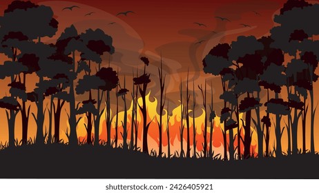 Forest Fire Vector Illustration. Natural disasters destroy trees, wildlife, and habitats. Protecting forest ecosystem.