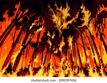 Forest fire or wildfire danger disaster, burning forest trees and bushes, vector background. Wall of wildfire in forest, destructive fire of natural disaster, global warming and ecology catastrophe