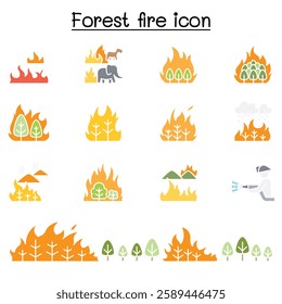 forest fire, wildfire icon set in flat color style