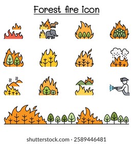 forest fire, wildfire icon set in color line style