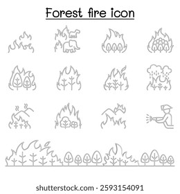 forest fire, wildfire icon set in thin line style