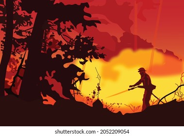 Forest Firefighter On Duty In The Night With Canon Water Spray. Silhouette Of Firefighter