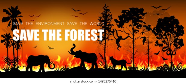 Forest Fires In Amazon And Australia With Silhouettes Of Wild Animals. Problems In The Amazon Rain Forest. Element For Your Graphic. Vector Illustration.