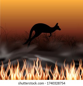 Forest fires in Australia with a kangaroo silhouette. Pray for Australia. Stock vector illustration.