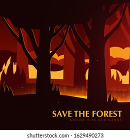 Forest Fires background. Save the Forest banner. Natural disaster. Vector Illustration