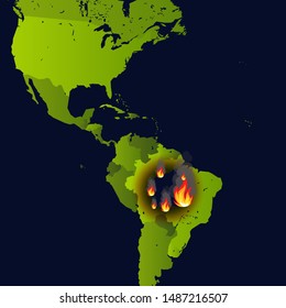 Forest fires banner, fire place on map, disaster in south america news, paper that burns smokes and smolders from fire, vector illustration.