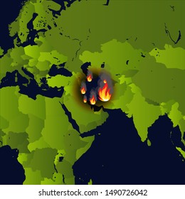 Forest fires banner, fire place on map, disaster in news, paper that burns smokes and smolders from fire, vector illustration.