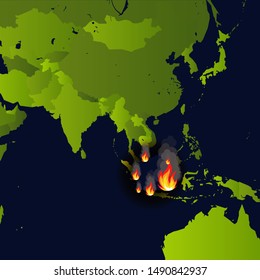 Forest fires banner, fire place on map, disaster in indonesia news, paper that burns smokes and smolders from fire, vector illustration.
