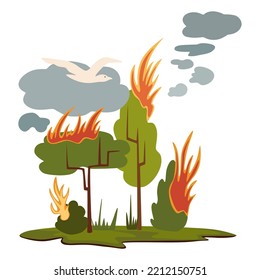 Forest fires. Burning forest spruces in fire flames, nature disaster concept illustration background, poster danger, careful with fires in the woods. Environmental disaster. Vector illustration 