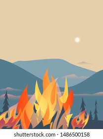 Forest fires disaster mounain trees flat vector. Wildfires destroy woodland environment cartoon. Fire-scarred pines, sun through haze. Burning forest fire blaze ravaged mountains region illustration