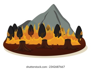 Forest fires are a disaster, stop forest fires for commercial land clearing.  Flat style vector illustration. Isolated on white background.