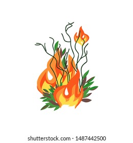 Forest fires disaster tree flat vector icon. Wildfires destroy woodland environment cartoon. Green tree before after burning. Fire-scarred trees sign. Burning forest fire blaze background illustration