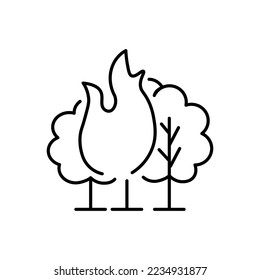 El bosque dispara un icono lineal. Incendio descontrolado en una enorme área cubierta de árboles. Contaminación del aire. Ilustración personalizable de línea delgada. Símbolo de contorno. Dibujo de contorno aislado del vector. Trazo editable