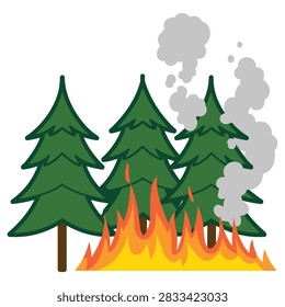 Forest fires natural disaster vector illustration. Burning trees and landscape destruction, representing drought and cataclysm. Ideal for environmental awareness and catastrophe themes.
